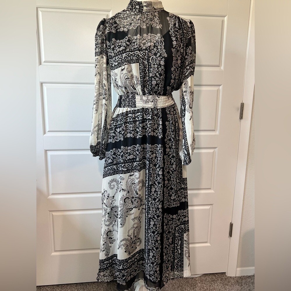 MNG Paisley Maxi Dress‎ Sheer Long Sleeve Smocked Waist Black White Boho Small